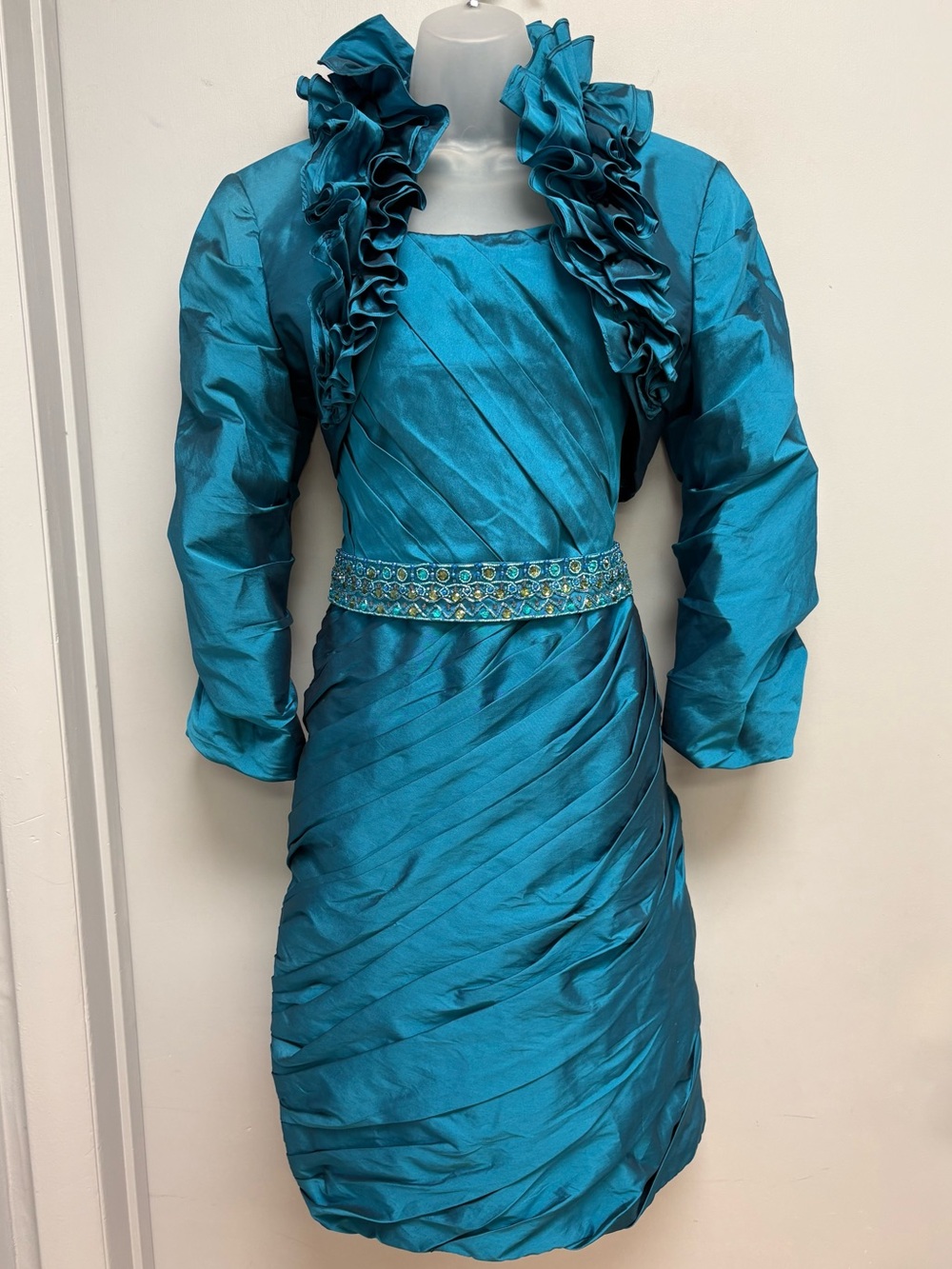 VM Collection Teal Beaded Ruched Occasion Dress & Matching Ruffle Jacket Size 14